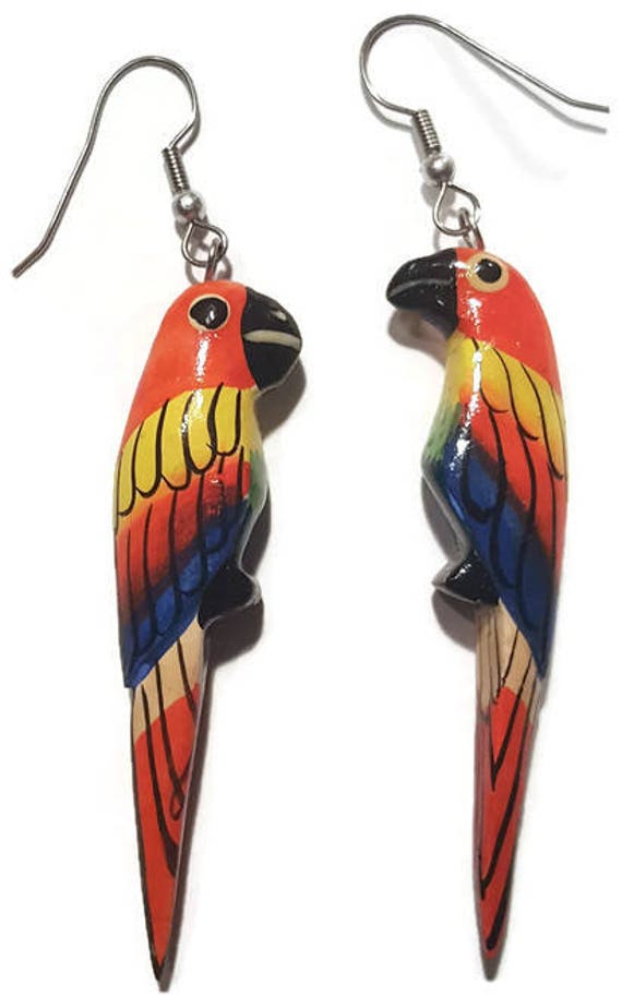 Parrot Earrings Tropical Wood Earrings Hand Painte