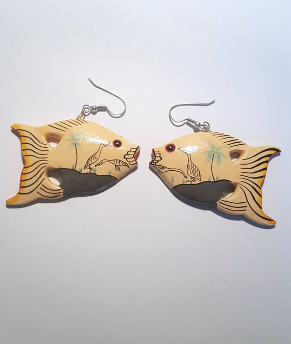 Vintage Colorful Tropical Fish Wood Earrings