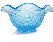 Blue Daisy and Button Candy Dish With Ruffled Rim - 1950s Candy Dish - Turquoise Daisy and Button Glass