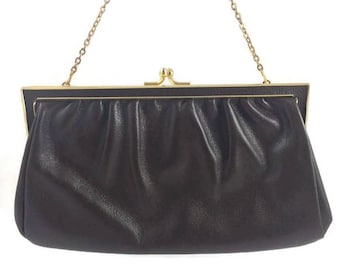 Vintage 1950's Etra Dark Brown Leather Convertible Clutch Purse with Gold Chain - Mid Century Clutch