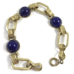 Vintage Gold Tone and Blue Glass Stone Link Bracelet - 1950s Vintage - Gold and Domed Lapis Bracelet