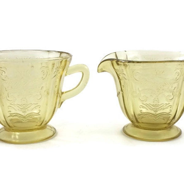 Federal Glass Company Madrid Pattern Cream and Sugar - Amber Depression Glass - 1930s Vintage