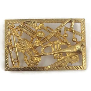 Vintage Ultra Craft Gold Tone Musical Instrument Brooch - Musical Pin - Rectangular Brooch with Music Instruments