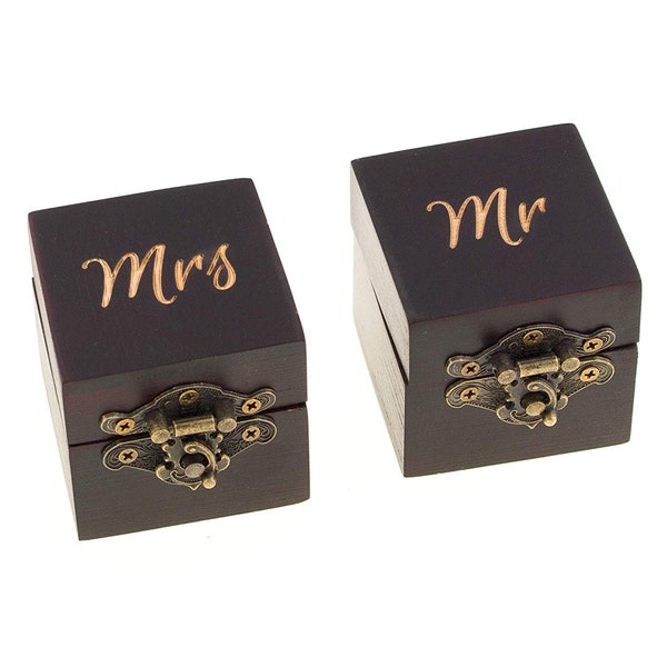 2pc Wood Ring Boxes for Wedding Ceremony Elegant Boho Vintage Ring Bearer Box Set Unique Engagement Ring Holder for Marriage Mr & Mrs