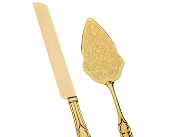 Juego de servidor de pastel y cuchillo de boda de oro, diseño dorado elegante de filigrana vintage, juego de servicio de vajilla, ideas de decoración de fiesta