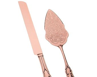 Cake Knife & Server Set, Rose Gold Cake Cutting Sets for Wedding, Anniversary, Vintage Filigree Party Supplies (Rose Gold)