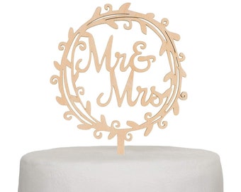 Mr & Mrs Wreath Wedding Cake Topper, Wooden Wedding Cake Topper, Wood Cake Topper, Rustic Cake Topper Monogram, Rustic Wedding Decorations