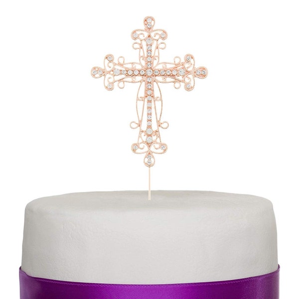Cross Cake Topper, Religious Wedding, Baptism, Christening, Dedication, First Communion, Christian Decoration (Small Rose Gold)