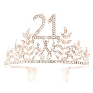 Rose Gold 21 Tiara, 21st Birthday Party Supplies and Accessories for Women, Rose Gold Metal Crown with Combs, Vine Design
