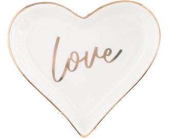 Love Ring Dish, Ceramic Jewelry Holder Tray, Engagement Wedding Gift for Bride, Trinket Organizer (Gold heart)