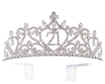 21 Tiara 21st Birthday Party Accessories Supplies, Crown Silver (21 Heart)