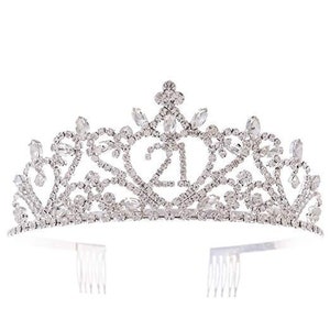 May include: Silver tiara with rhinestones and the number 21 in the center.