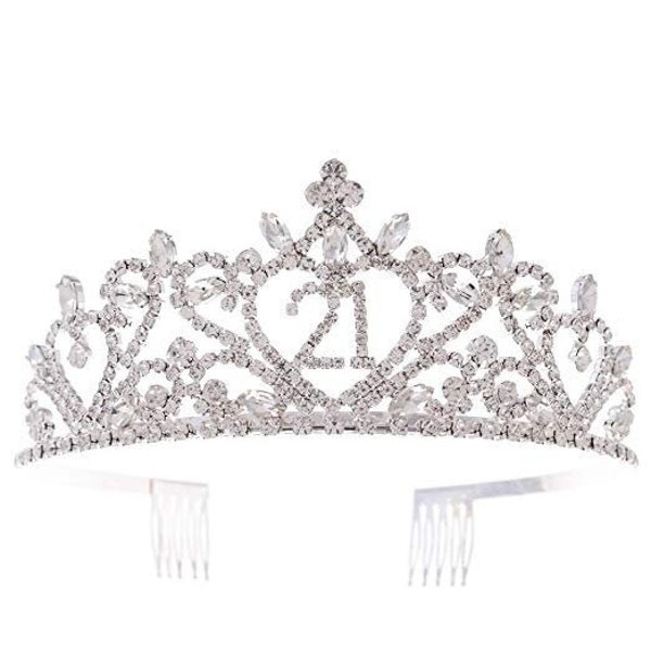 21 Tiara 21st Birthday Party Accessories Supplies, Crown Silver (21 Heart)