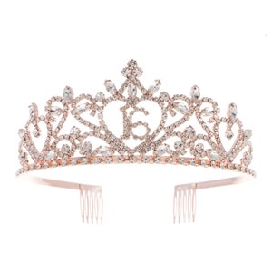 Sweet 16 Tiara 16 cumpleaños accesorios para fiesta, corona de oro rosa (16 corazones)