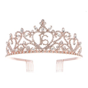 Sweet 16 Tiara 16th Birthday Party Accessories Supplies, Crown Rose Gold (16 Heart)