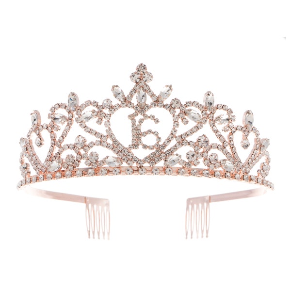 Sweet 16 Tiara 16th Birthday Party Accessories Supplies, Crown Rose Gold (16 Heart)