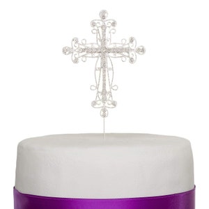 Cross Cake Topper, Religious Wedding, Baptism, Christening, Dedication, First Communion, Christian Decoration (Small Silver)