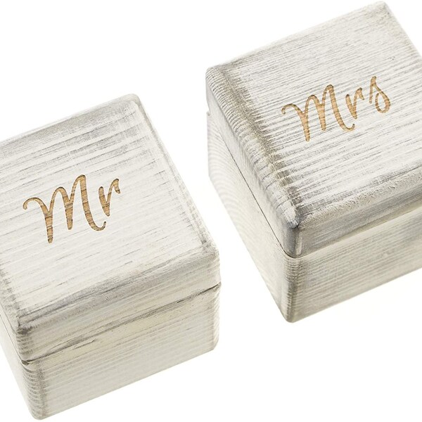 2 pc Mr & Mrs Wooden Wedding Ring Bearer Boxes for Ceremony, Unique Vintage Rustic Engagement Ring Box, Antique White Decorative Jewelry Box