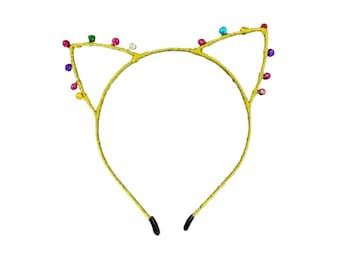 Christmas Cat Headband, Holiday Cat Ears with Jingle Bells, Fun Party Hair Accessory, Gold