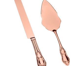 Rose Gold Engravable Cake Knife & Server Set for Engraving, Rose Gold Wedding, Anniversary, Vintage Party Supplies (Elegant Rose Gold)