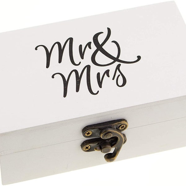 Wood Ring Box for Wedding Ceremony Elegant Vintage Ring Bearer Engagement Ring Holder Boxes Marriage Mr & Mrs  (Mr and Mrs White and Black)