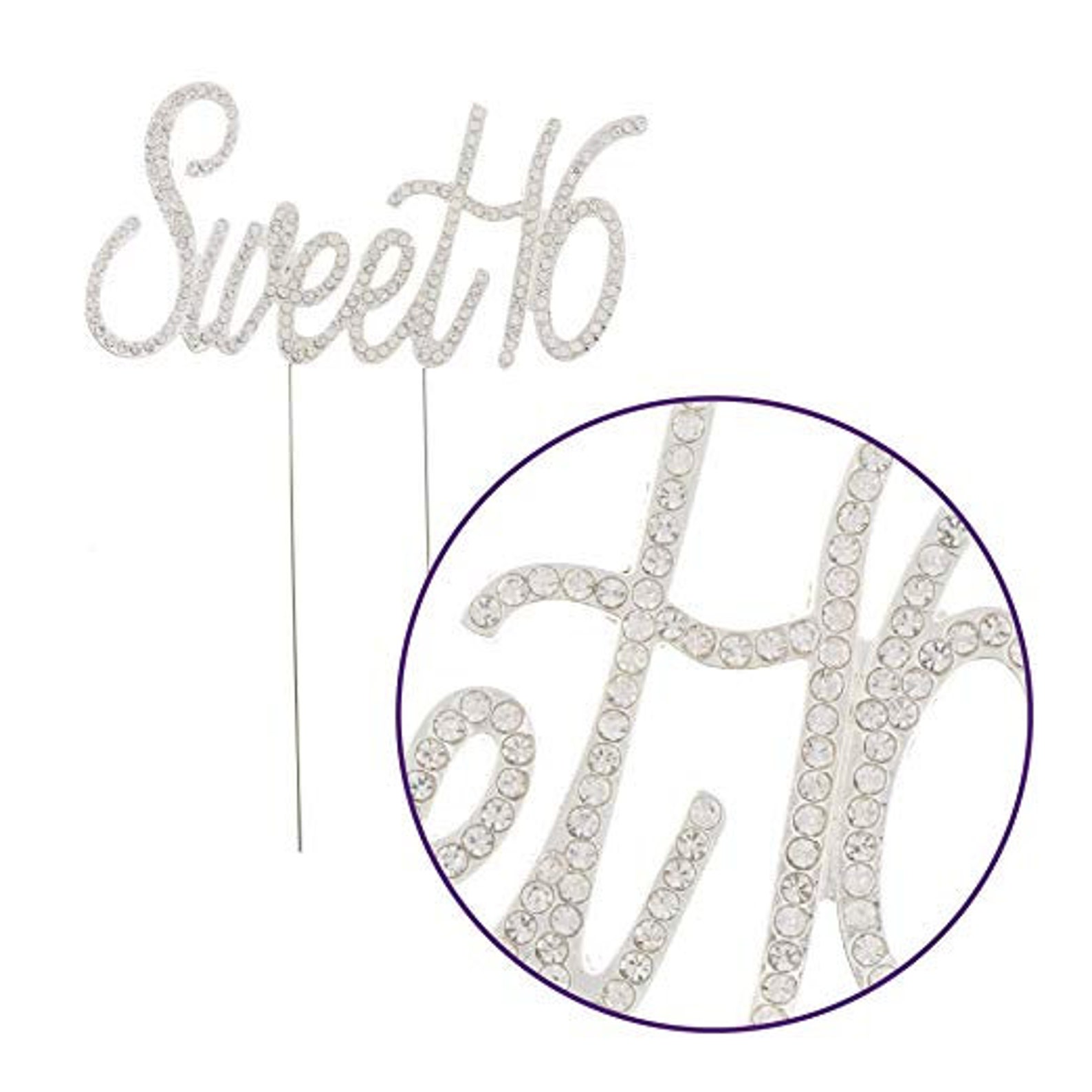 Sweet 16 Cake Topper - Silver Rhinestone Number '16', 4.5" Tall, Metal Alloy - Adjustable Prongs For Cakes - View #2