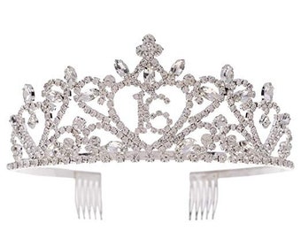 Sweet 16 Tiara 16th Birthday Party Accessories Supplies, Crown Silver (16 Heart)