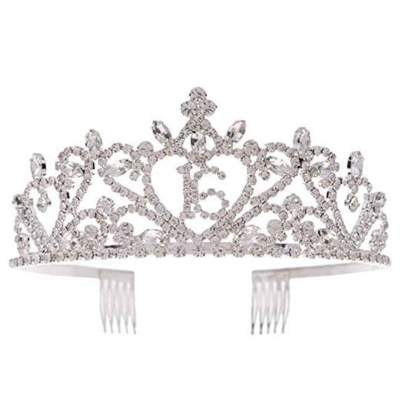 Sweet 16 Tiara 16th Birthday Party Accessories Supplies, Crown Silver (16 Heart)