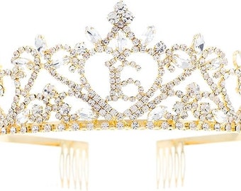 Sweet 16 Tiara 16th Birthday Party Accessories Supplies, Crown Gold (16 Heart)