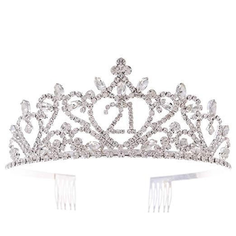 May include: Silver tiara with rhinestones and the number 21 in the center.