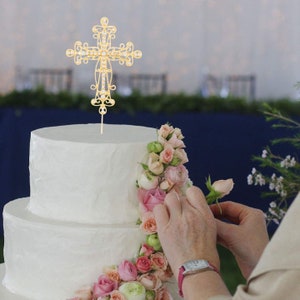 Cross Cake Topper, Gold Religious Wedding, Baptism, Christening, Dedication, First Communion, Christian Decoration (Small Gold)