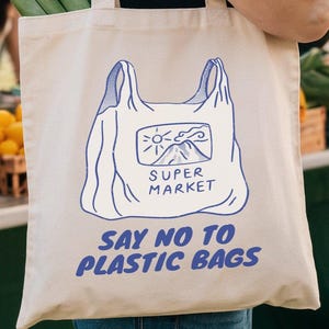 No Plastic Bags Tote Bag, Reusable Shopping Bag, Earth Friendly Grocery Bag, Canvas Tote, Blue Super Market Design, Thank You Bag Design