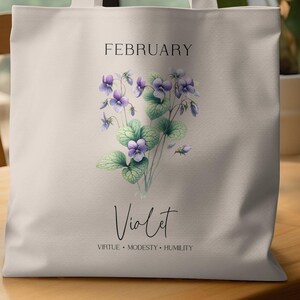 February Violet Tote Bag, Floral Print Tote, Birth Month Flower Bag, Reusable Shopping Bag, Gift for February Birthday