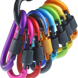 Locking Aluminum Carabiner Clips - Multicolor D-Ring Keychain Hooks (10-Pack)