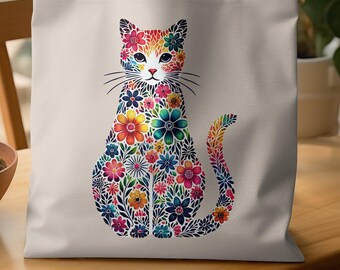 Floral Cat Tote Bag, Colorful Cat Lover Gift, Artistic Flower Cat Canvas Bag, Cute Reusable Shopping Tote, Cat Mom Gift