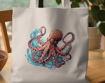 刺繍入りタコの水中ワンダーランドトートバッグ - オーシャンライフ