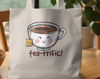 Tea-riffic tygkasse • Söt present till teälskare • Kawaii tekoppspåse • Rolig ordvitsväska • Matväska för teälskare