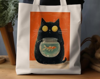 Bolso de mano con diseño de gato negro, bolso de lona para amantes de los gatos, bolso de mano con diseño de pez koi y gato, regalo adorable para amantes de los gatos, bolso para libros, bolso de lona de algodón para uso diario.
