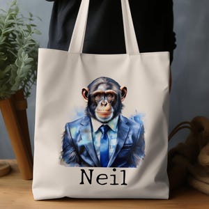 Funny Chimpanzee Tote Bag | Monkey in Suit Tote Bag, Animal Art Tote Bag | Unique Shopping Bag |Reusable Grocery Bag |Gift for Animal Lovers