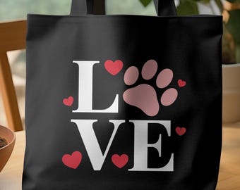 Love Paw Print Canvas Tote Bag | Pet Lover Reusable Grocery Bag