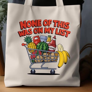 面白い食料品リストトートバッグ、食品ショッピングカート、果物と野菜のデザイン、ユーモラスなショッピングバッグ、キャンバストートバッグ、普段使いのバッグ