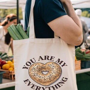 Reusable canvas tote bag with funny bagel print, Eco-friendly grocery shopping bag, Farmer's market tote, You are my everything