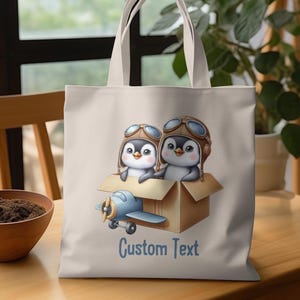 Cute Penguin Aviators Tote Bag Adorable Pilot Penguins Box Design Fun Animal Illustration Tote Reusable Shopping Bag for Penguin Lovers