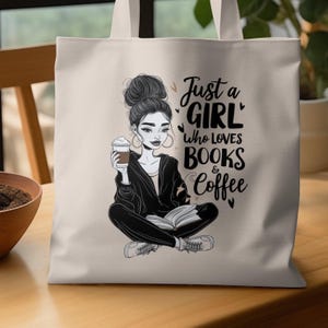 Sacola &quot;Just a Girl Who Loves Books and Coffee&quot;, presente fofo para amantes de livros, sacola de compras reutilizável, bolsa para entusiastas da leitura, bolsa para amantes de café