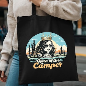 Camper Queen Tote Bag Vintage Style Camping Adventure Art Reusable Eco-Friendly Bag Perfect for Travel and Outdoors