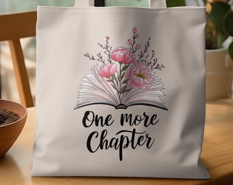 One More Chapter Tote Bag | Floral Book Lover Canvas Book Bag | Reader Gift Bag