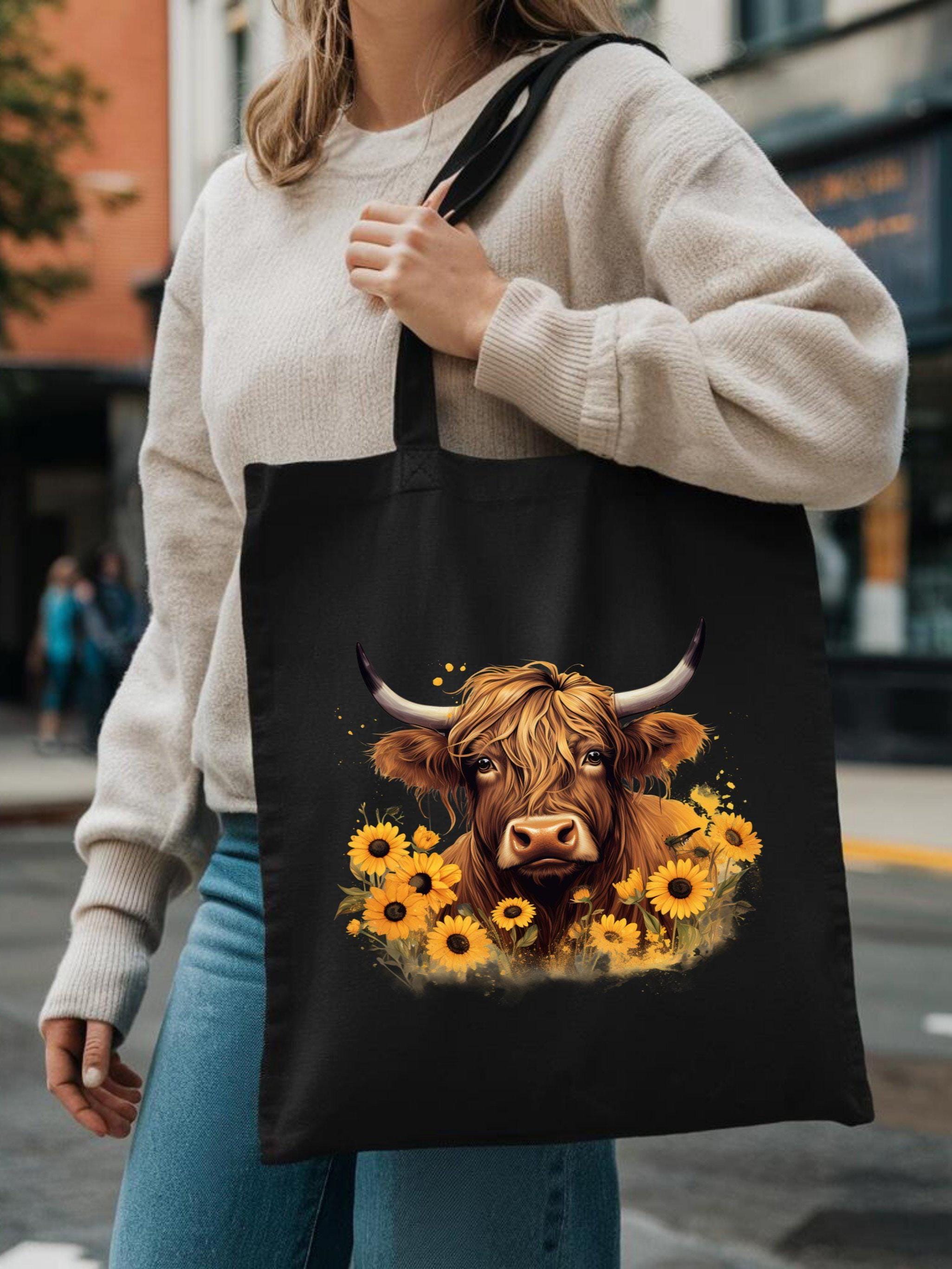Borsa Tote Purely Home Con Mucca E Vitello Delle Highlands – Regalo Campagna, Spesa Eco, Bianca Con Manici Lunghi