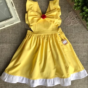 Princess Belle Cotton dress with removable front bow and red rose