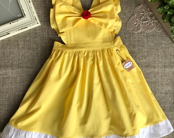 Princess Belle Cotton dress with removable front bow and red rose