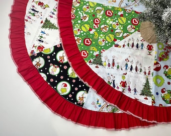 Christmas Tree Skirt in Grinch Patchwork prints - Medium- ready to ship!